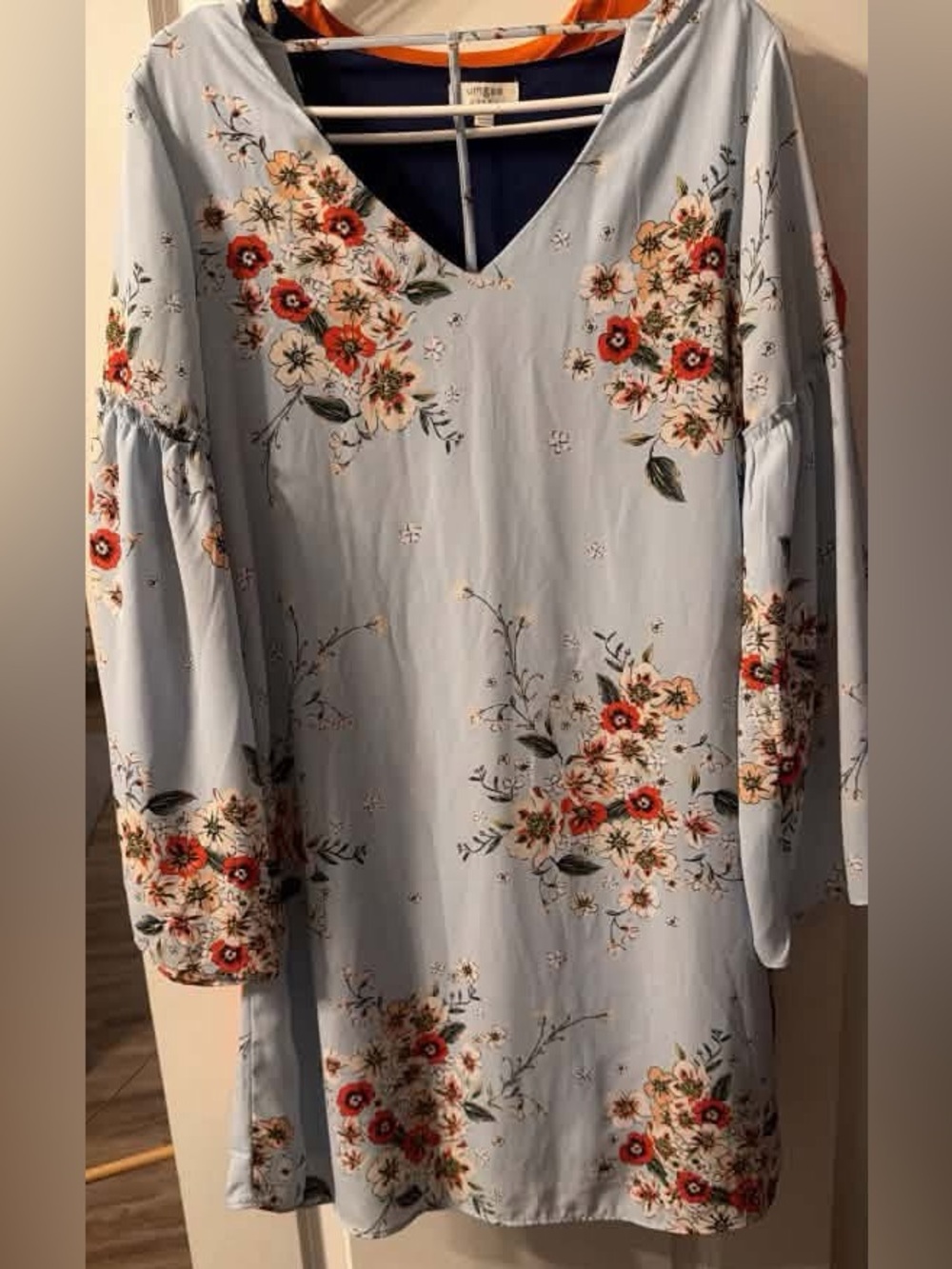 Wrangler Light Blue Floral Long Sleeve Dress with Red & Cream Blooms